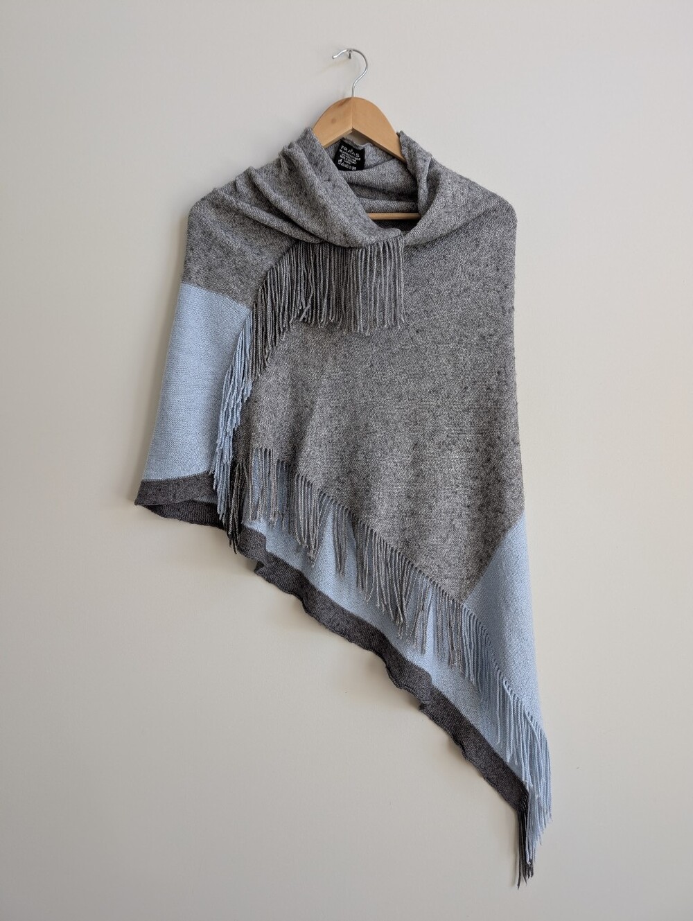 Fraas Wool Blend Made In Germany Asymmetrical Poncho Scarf Grey And Blue Fringe